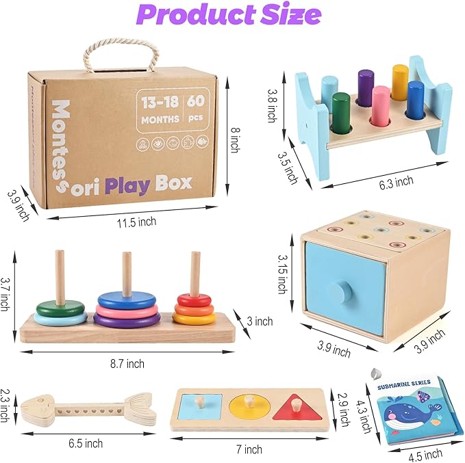 Wooden Montessori Toys for 1+ Year Old, 9-in-1 Learning Educational Set with 3-in-1 Activity Box, Pound Bench, Shape Puzzle, Cloth Books, Fishbone Matching & Ring Stacker