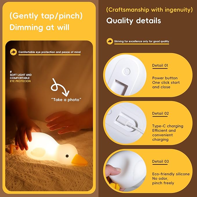 Cozy Lying Goose Night Light, Dimmable 3 Colors Night Light for Baby Nursery, Squishy Cute Light for Kids, Rechargeable Companionship Lamp for Baby, Goose Baby Items Gifts, Decor