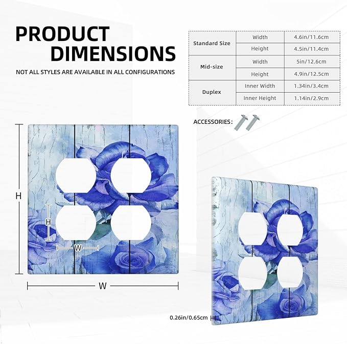 Blue Rose Flower Rustic Wood Plank Floral Outlet Covers 2 Gang Double Duplex Decorative Light Switch Covers Electrical Wallplates Socket Faceplate for Farmhouse Home Decor