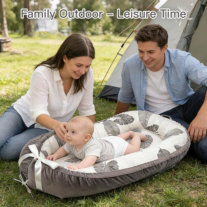 Baby Lounger | Organic Cotton Infant Lounger | Reversible, Adjustable & Portable Floor Lounger | Soft, Breathable, Washable Cover-Grey Leaves