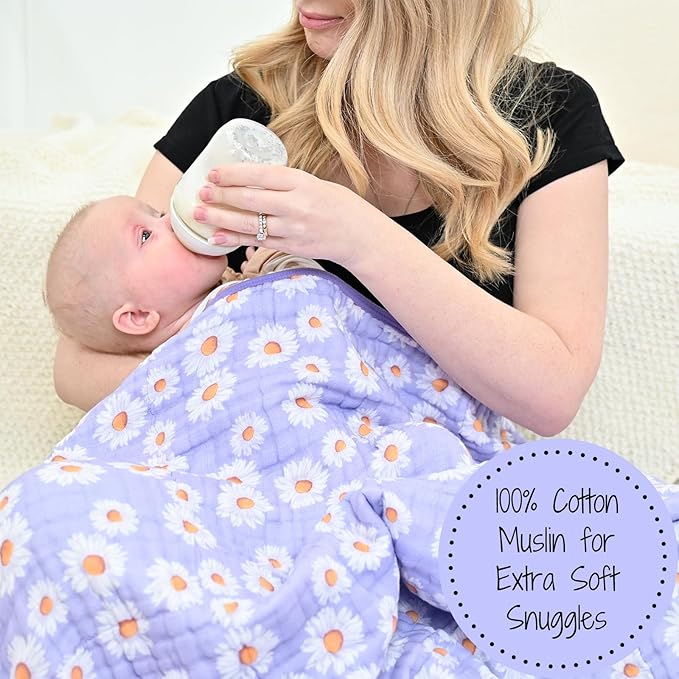 LollyBanks Muslin Baby Blanket, 100% Cotton Muslin Quilt for Girls, 47 x 47 Inches Toddler Blanket, Cozy 6 Layers Baby Blanket, Soft and Breathable Baby Quilt, Baby Essentials, Registry (Daisy Print)