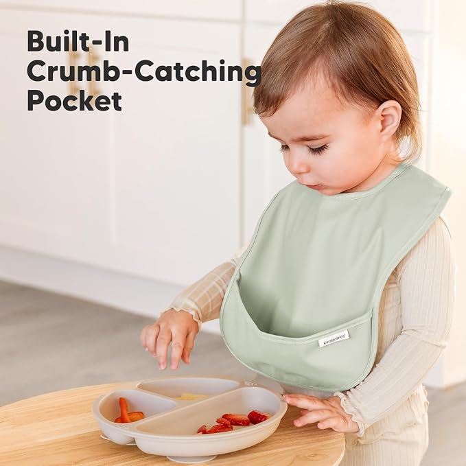 KeaBabies 3-Pack Silicone Baby Spoons and 3-Pack Waterproof Baby Bibs for Eating - Toddler First Food Training Spoon - Lightweight Boys & Girls Bib with Food Catcher
