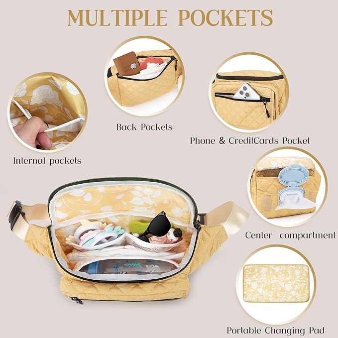 Pripher Small Diaper Bag with Portable Changing Pad, Crossbody Diaper Bag Pack with Wipes Pocket for Mom and Dad, Mini Diaper Bag Fanny Pack for Baby Travel, Yellow