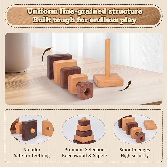 Adena Montessori Ring Log Wood Stacking Toy, Montessori Geometric Stacking Wooden Educational Toy for Babies, 12 Months and Up, Stacking Tower Toy for Babies (Square Type)