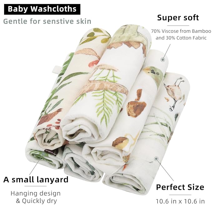 LifeTree 6 Pack Baby Muslin Washcloths for Unisex, 70% Viscose from Bamboo and 30% Cotton Wash Cloth Set for Baby Face Body, Soft for Newborn Infants Kids Girls and Boys