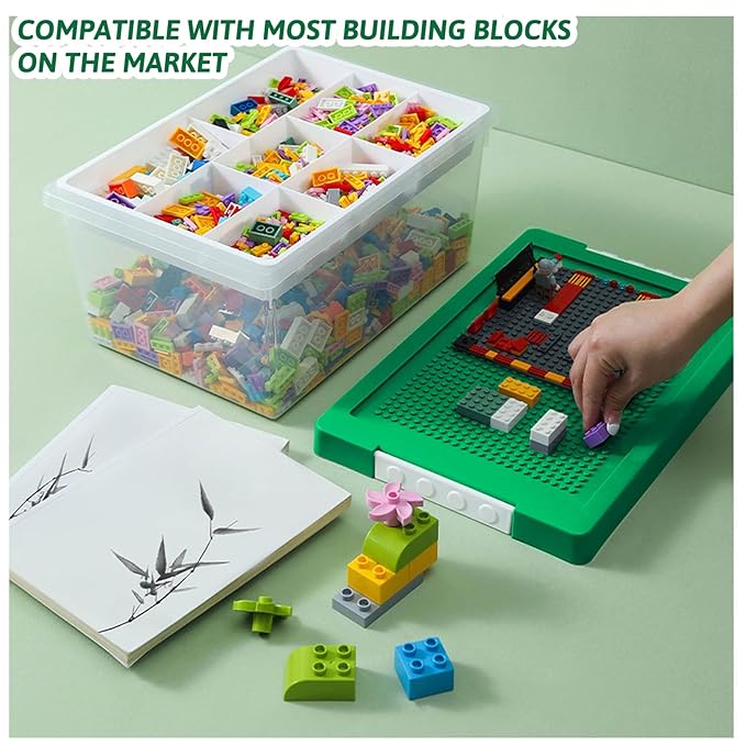 loobuu Plastic Storage Bins with Lids - 1 Set Stackable Arts Crafts Organizer Box with Removable Divided Tray &Compatible Building Baseplate,Toy Chest Containers for Bricks - (14.37"x9.64"x6.69")