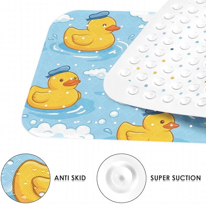 Yellow Rubber Duck Bathtub Shower Mat Blue Cute Non-Slip Tub Extra Long Bath Floor 40X16 Inch Machine Washable for Bathroom Tub Bath Mat for Toddler and Baby