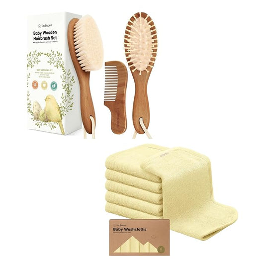 Keababies Baby Hair Brush and Comb Set and Baby Washcloths - Wooden Brush with Soft Goat Bristle - Towels and Washcloths for Newborns, Infants, Kids
