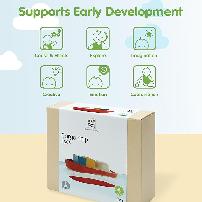 PlanToys® Cargo Ship Bath Toy for Toddlers | Floating Boat with Cargo Blocks for Water Play | Montessori Educational Toy | Eco-Friendly Bathtub Toys for Kids