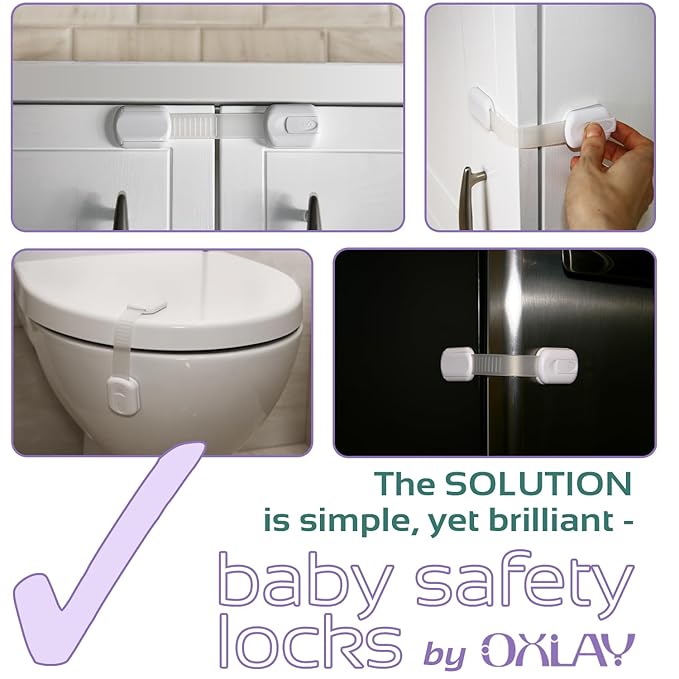 Baby Proofing Safety Cabinet Locks - Child Proof Latches for Dresser Drawer Cupboard Doors Closet Oven Refrigerator Fridge - Adjustable Childproof Straps by Oxlay - White - 6 Pcs