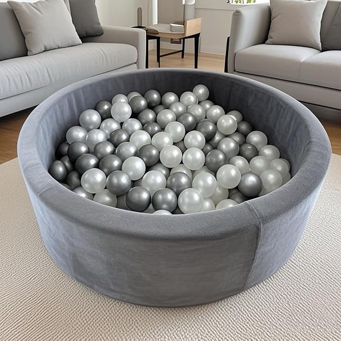 Foam Ball Pit for Toddlers - 36.5" x 13.2" Toddler Ball Pit (Includes 150 Balls),100% Cotton Cover & High-Resilience Memory Foam, Machine Washable, Foldable for Indoor/Outdoor (Grey)