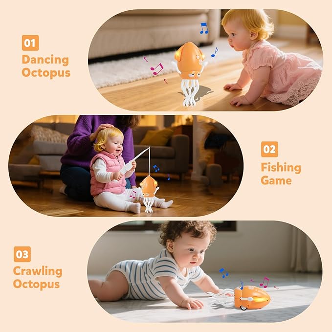 Hirger Dancing Squid Baby Toys, Crawling Octopus Infant Toy for Tummy Time, Sensory Toy for 3-6-12-18 Months Babies & Toddlers 1-2-3, Musical Birthday Gift for Boys Girls