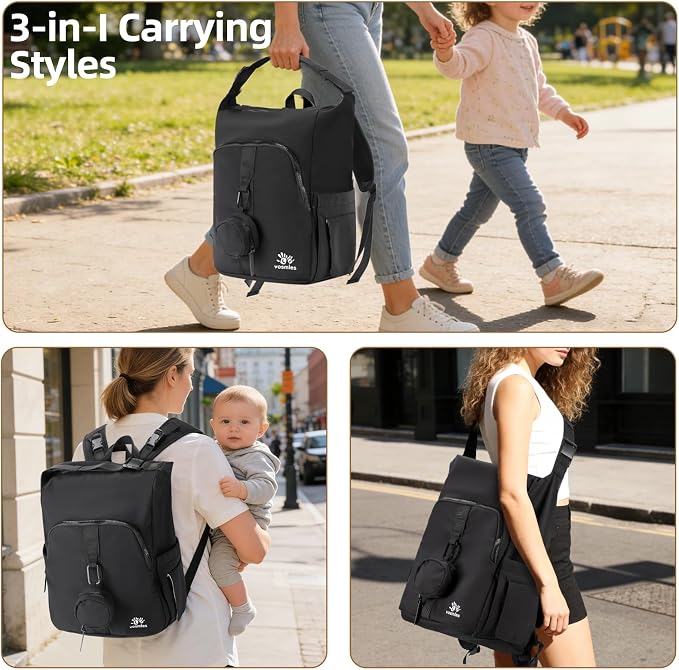 Diaper Bag Backpack with Changing Pad, Wet Dry Bag, Pacifier Case and Stroller Straps, Soft Cotton Lining, Baby Travel Bag for Moms and Dads（Black）