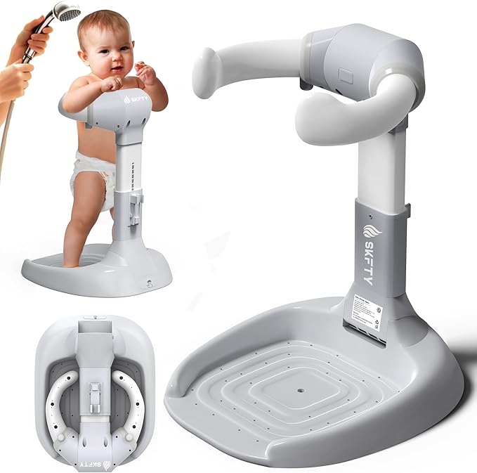 Baby Shower Stand with Anti-Slip Base & Anti-Pinch Silicone, Adjustable Foldable Baby Bath Support for Toddlers 6-36 Months, Portable Standing Helper with Shower Holder | Soporte para Bañera de Bebé