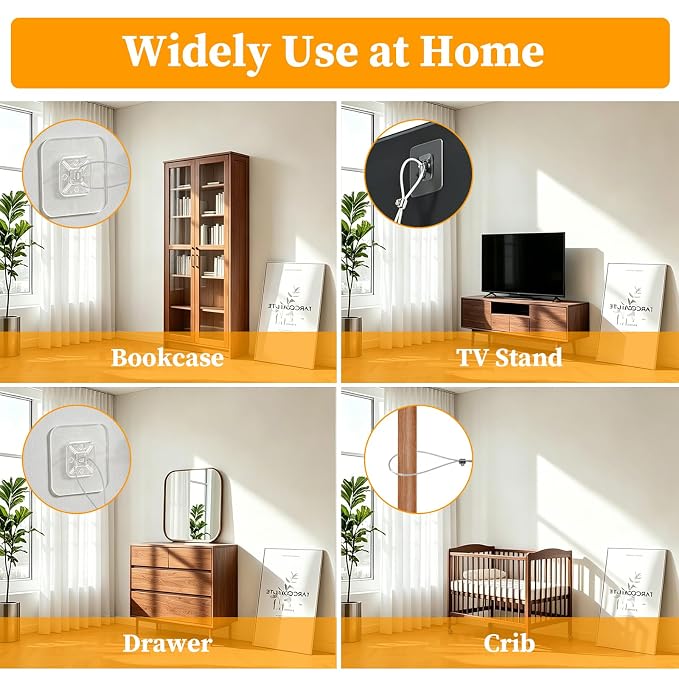 6 Pack Adjustable TV Safety Straps Stainless Steel, No-Drill Adhesive Anti-Tip Furniture Wall Anchors for Baby Proofing, Secure Flat Screens to TV Stand, Wall, Cabinet Or Desk