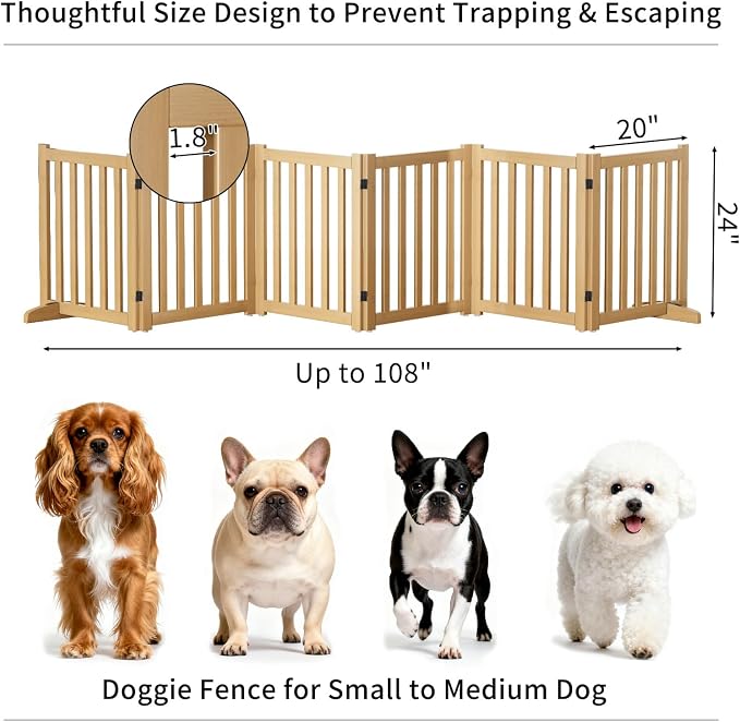 Wooden Freestanding Foldable Dog Gate, 24 Inch Height 6 Panel Pet Gate No Drill for Doorways Stairs, Fully Assembled Indoor Puppy Fence (Wood Color, 120" W x 24" H)