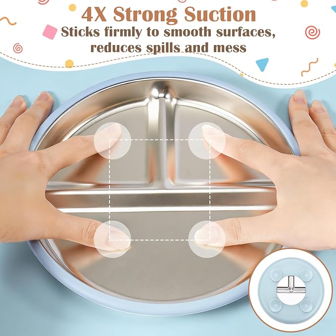 Personalized 3-Piece Personalized Stainless Steel Baby Divided Plates with Suction & Silicone Sleeve, Ideal for Showers & Birthdays,Baby Led Weaning Supplies, Dishwasher Safe (Gray Beige Blue)