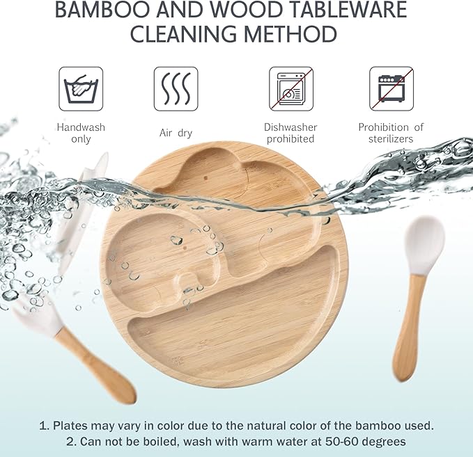 Suction Plates for Baby & Toddler, Bamboo Divided Platter Feeding Dishes with Silicone Fork& Spoon, All-Natural Baby Food Plate Stays for Baby-Led Weaning, Non-Slip Design