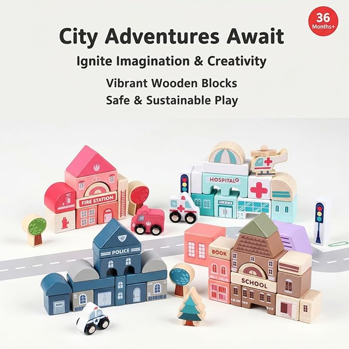 Migargle Wooden Building Blocks Set, 115 Pcs City Construction Stacker Stacking Preschool Learning Educational Toys, Toddler Toys for 3+ Year Old Boy and Girl Gifts