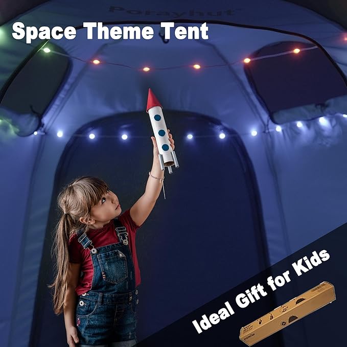 Portable Hexagon Kids Play Tent with LED Strip Lights Indoor Children Play House Easy Set-up Space Tent Dream Tent for Night.4-5 Person Birthday Gifts