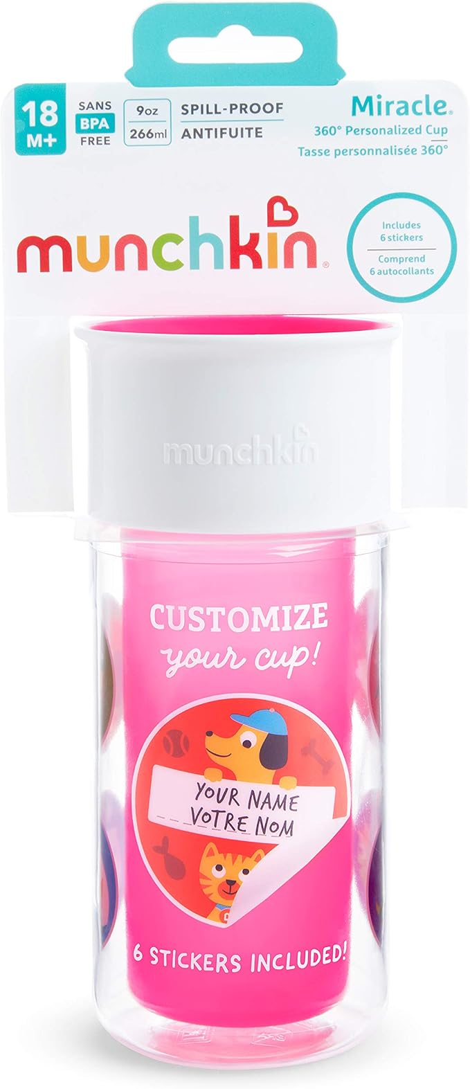 Munchkin® Miracle® 360 Insulated Sippy Cup, Includes Stickers to Customize Cup, 9 Ounce, Pink