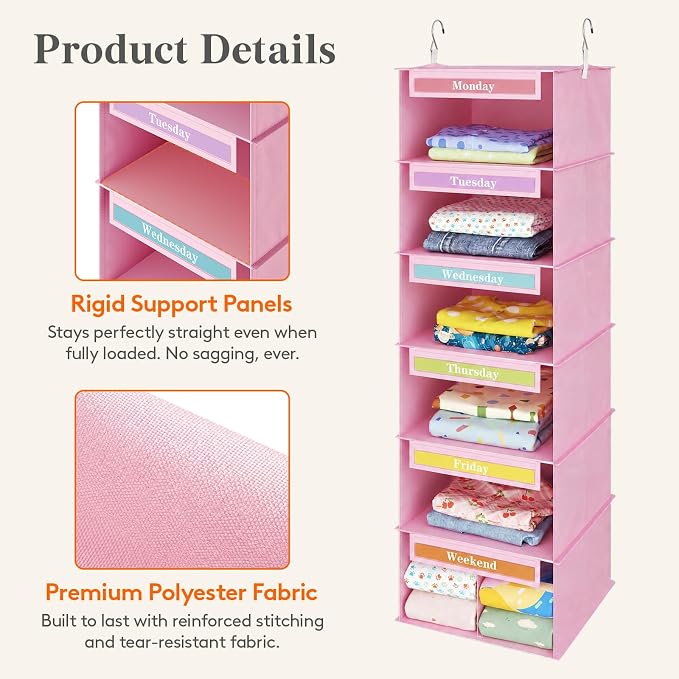 Lifewit 6 Shelf Weekly Clothes 0rganizer for Kids, Baby Hanging Closet Storage with Color Labels for School Outfits, Todder Daily Clothing Divider with Days of The Week Monday to Friday Weekend, Pink