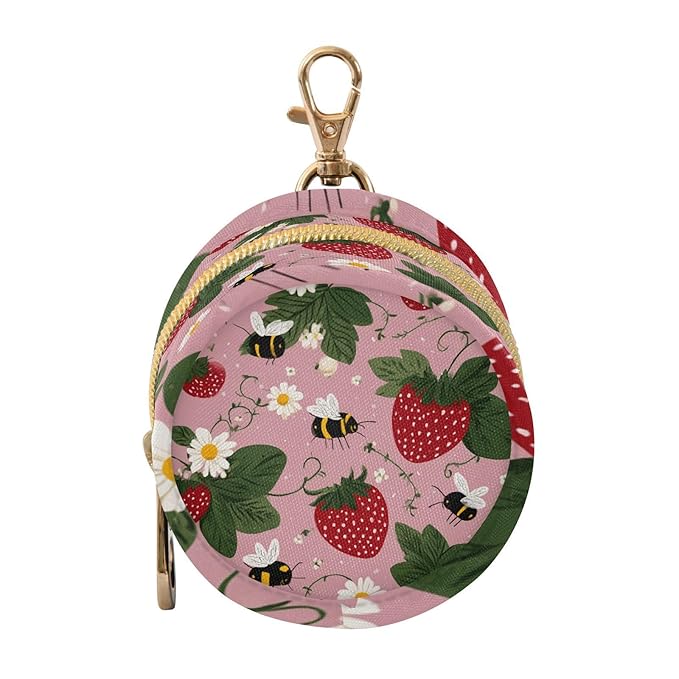 Pacifier Holder with Clip Pacifier Case for Diaper Bag Round Baby Pacifier Pouch Box Bag Portable Pink Bees Flowers Strawberry