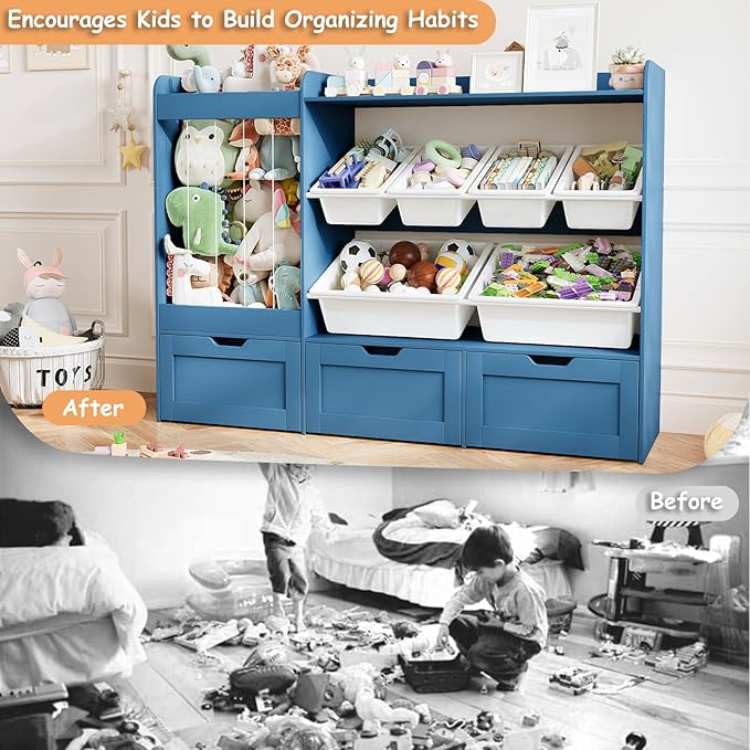 50.6" W Large Toy Storage, Kids Toy Organizer Shelf with Stuffed Animal Zoo, 6 Plastic Bins, 3 Rolling Boxes, Wooden Toddler Toy Bookshelf Organization Shelves for Kids Room, Bedroom (Blue)