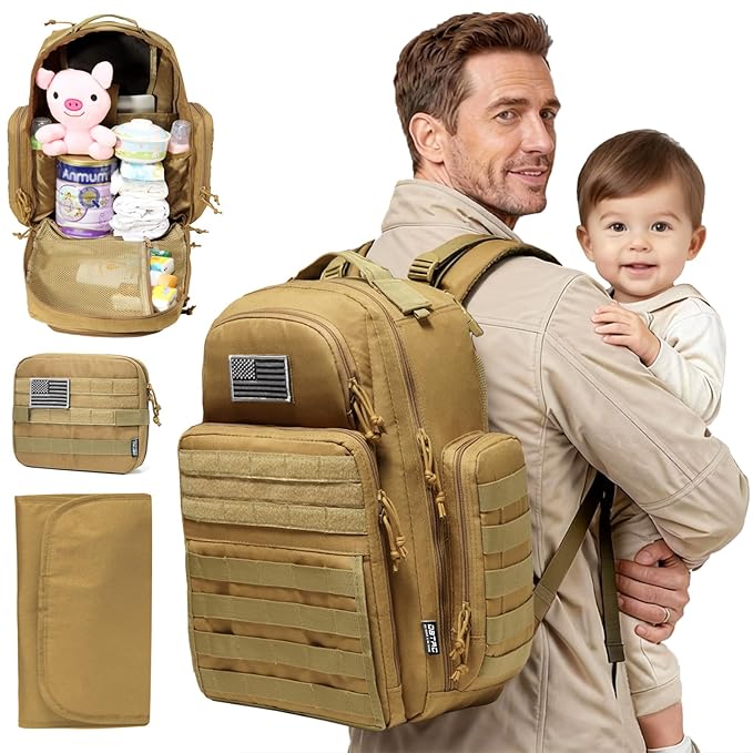 Diaper Bag Backpack for Dad, DBTAC Large Baby Nappy Bag for Men w/Changing Mat, Insulated+Wipe Pockets, Stroller Straps, Brown