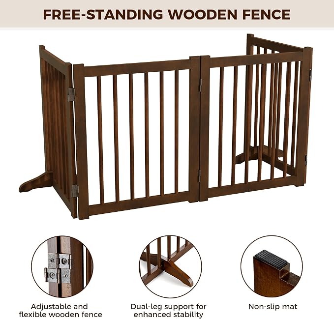 Solid Wood Freestanding Pet Gate - 4 Panels 24" - Folding Safety Fence with 2 Support Feet - Ideal for Stairs, Doorways, Halls, Kitchens - Indoor Wooden Dog Gate - Walnut Color