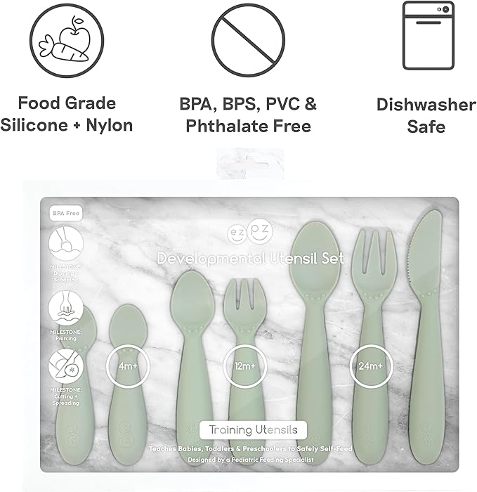 ezpz Developmental Utensils Set (Indigo) - BPA Free Utensils - 100% Silicone and Nylon - Designed by a Pediatric Feeding Specialist - Baby Essentials & Baby Gifts