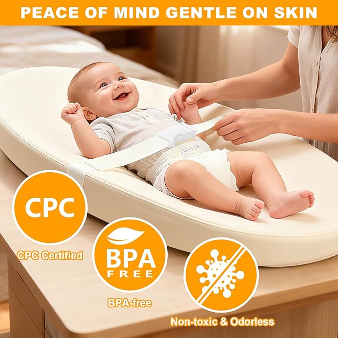 Baby Diaper Changing Pad, Wipeable Baby Changing Pad for Dresser, Contoured Waterproof Changing Pad with PU Cover, Non-Slip Safety Belt & Bottom, Portable, Lightweight