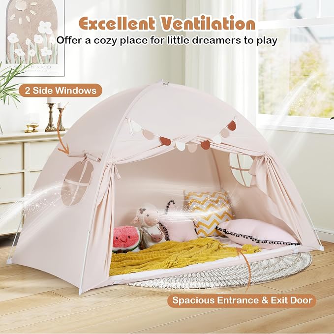 HONEY JOY Bed Tent Twin for Kids, Foldable Play Tent Canopy w/Flags, Windows, Indoor Outdoor Playhouse Toddler Tent, 79” x 39” x 48”, Washable, Kids Tent for Boys Girls Aged 3+, Birthday (Beige)