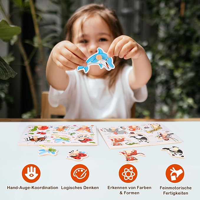 Wooden Peg Puzzles for Toddlers 3 4 5 Years Old, 6 PCS Toddler Puzzles (Vegetables, Numbers, Fruits, Insects, Sea and Animals), Great Preschool Learning Puzzle Toys for Girls and Boys