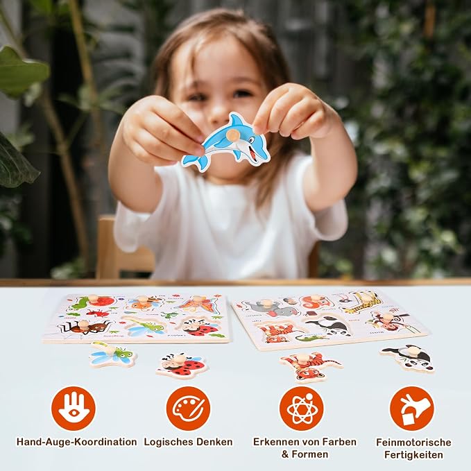 Wooden Peg Puzzles for Toddlers 1-3, 6 PCS Toddler Puzzles Set(Vegetables, Numbers, Fruits, Insects, Sea and Animals), Great Preschool Learning Puzzle Toys for Girls and Boys