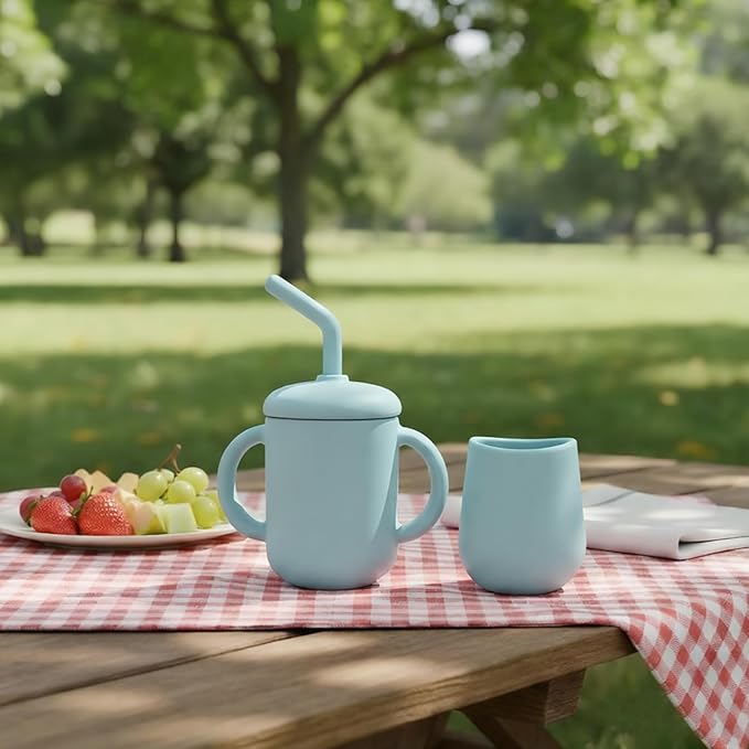 Silicone Training Cups - Drinking Training Straw Cup & Open Weaning Cup for Babies 6-12+ Months, Food-Grade BPA-Free Baby Led Weaning Drinking Set(Rose) (Light Blue)