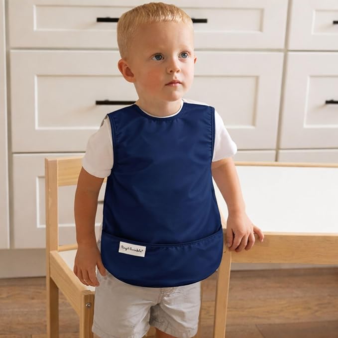 Tiny Twinkle Mess Proof Baby Bibs | 2 Pack Waterproof Toddler Bib for Eating | Baby Apron for Feeding, Machine Washable, Perfect Shower Gift (Grey Indigo, 2-4Y)