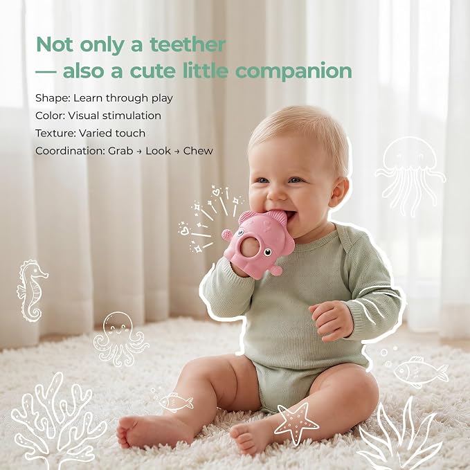 Momcozy Baby Teething Toys, Food Grade Silicone Baby Teether，Teething Mitten for Babies 0–6 Months，Teethers for Babies 6–12 Months，Anti Drop Wrist Teether, 200°C Heat-Resistant，Soft Pink