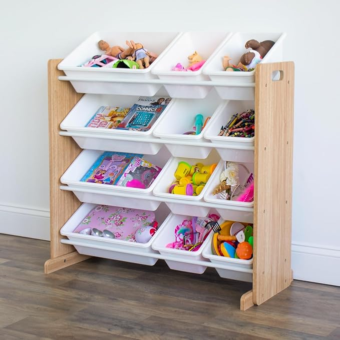 Humble Crew Kids Toy Storage Organizer with 12 Plastic Bins, Natural Wood/White ??Removable Bins for Playroom, Bedroom, Toddler Furniture for Boys and Girls Ages