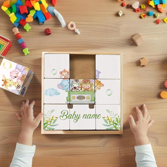 Custom Name Wooden Cube Puzzles for Kindergarten Boys Girls, 9 PCS Animals Puzzle with Storage Tray for 2-4 Years, Personalized 6 Puzzles in 1 Toy for Preschool Kids