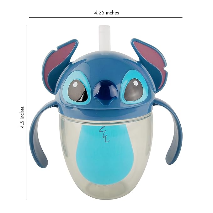 The First Years Disney Stitch Weighted Straw Cup - Spill Proof Toddler Straw Cups with Flip Top Cover - Transition Sippy Cups - Toddler Feeding Supplies - 7 Oz - Ages 6 Months and Up