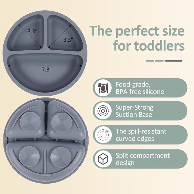 Eascrozn Silicone Baby Utensils, 2 Pack Divided Suction Plates for toddlers, 2 Pack Toddler Forks and Spoons Set, Baby Led Weaning Feeding Supplies, BPA Free, Microwave and Dishwasher Safe
