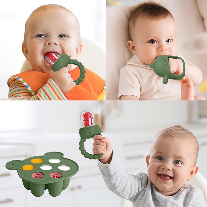 3-in-1 Baby Food & Fruit Feeder Set ??Breastmilk Popsicle Mold with Freezer Tray, Teething Relief Toy, BPA Free Infant Silicone Feeding Combo, 3 Bonus Sizes (S/M/L) Sacs (Olive Green)