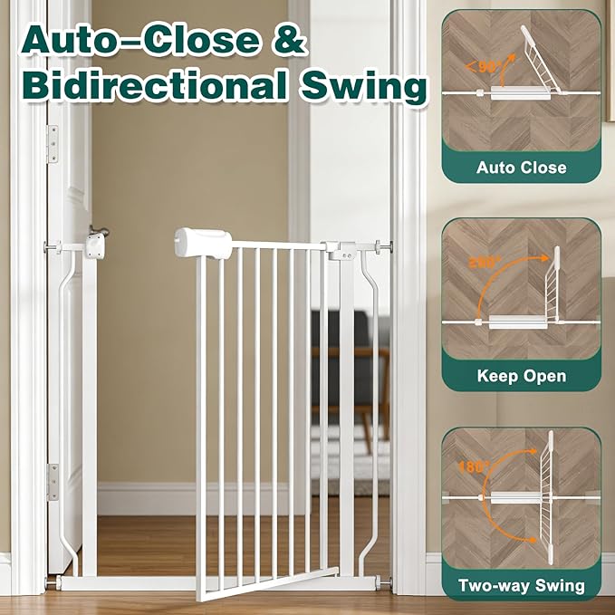 Extra Wide Walk Through Baby Gate with Door, 62.5-67 Inch Wide Presure Mounted No Drill Metal Auto Close Child Gate for Stair Doorway - Indoor Outdoor Safty Gate for Toddler Dog Doggie, White