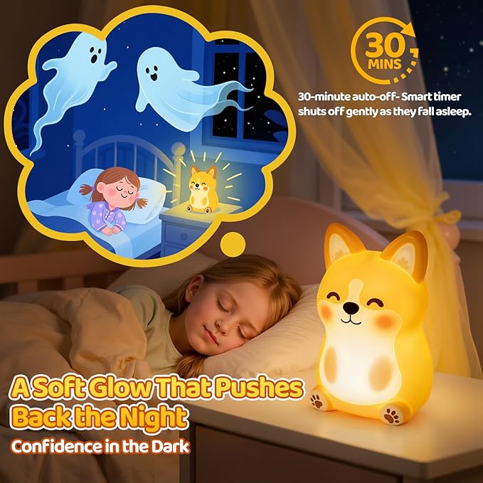 Mewaii BPA-Free Siliconeä¸?Huggwaii Corgi Dog Night Light for Kids, 3 Brightness Levels Nursery Dog Lamp, 30 Min Timer&Rechargeable Cute Puppy Kids Night Light for Bedroom Decor,Corgi Gifts for Boys