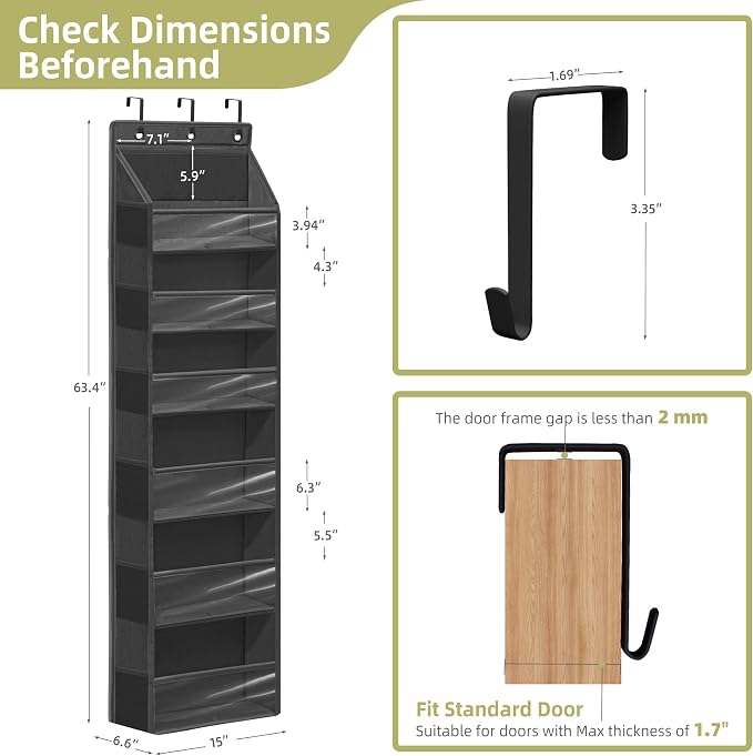 Over Door Organizer with 6 Extra Large Pockets 12 Side Pockets, Sturdy Closet Storage Rack, Hanging Storage Organizer with Clear Window for Shoes, Diaper, Bedroom, Bathroom, Black, 4-Pack