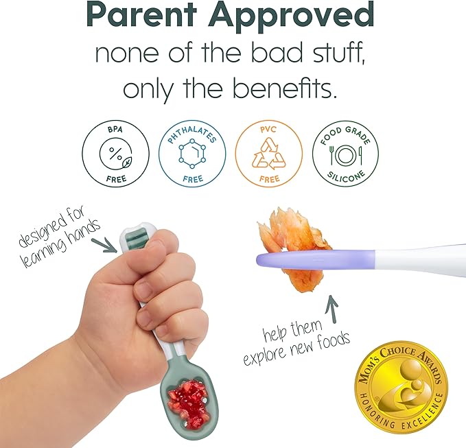 NumNum Baby Spoons Set, Baby Essentials Pre-Spoon GOOtensils for 6+ Months, First Stage Self-Feeding Spoons for Baby Led Weaning (BLW), Silicone Toddler Utensils, BPA-Free, 6 Pack Rainbow