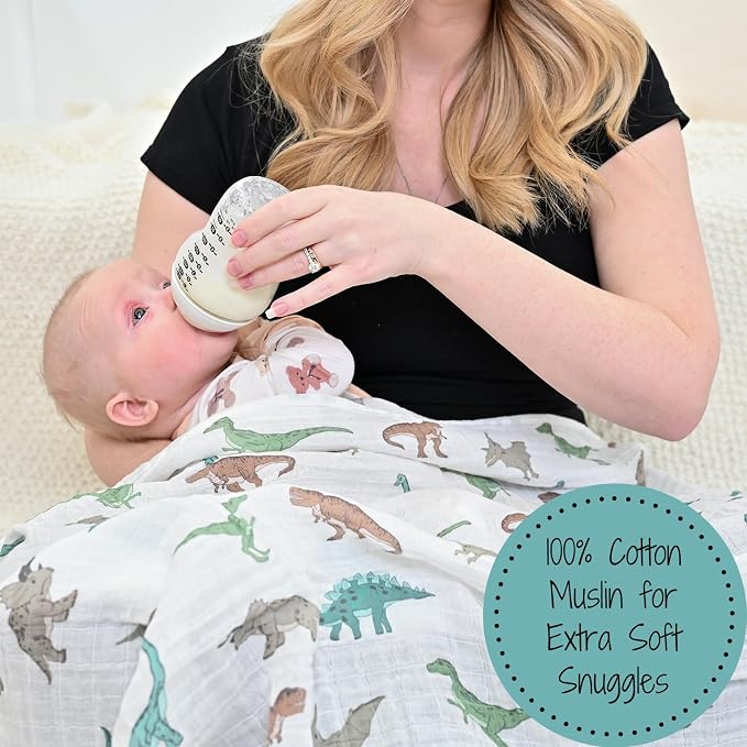 LollyBanks Baby Swaddle Blankets 2 Pack, 100% Cotton Muslin Blankets 47 x 47 Inches, Soft and Breathable Newborn Receiving Blanket for Boys, Cozy Infant Swaddle, Baby Essential (Dinosaur and Blue)