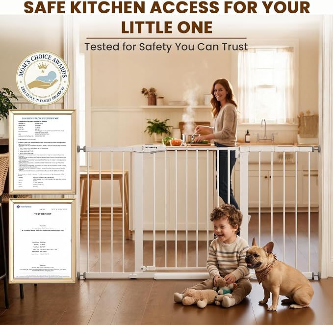 Mumeasy 29.7-57" Extra Wide Baby Gate, Auto Close Large Dog Gate for Doorways, No Drilling Pressure Mounted Pet Safety Gate for Stairs, Easy Walk Through Child Gate for Hallways, House, Indoor, White