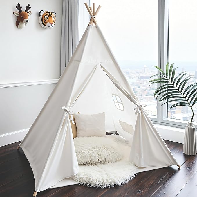 Sumbababy Large Teepee Tent for Kids Indoor - Cotton Canvas Slumber Play Tents for Adults - Foldable Sleepover Tents for Girls Boys Party Gift Toy, White